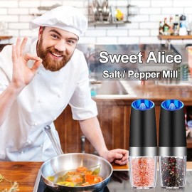 Gravity Electric Pepper Grinder Salt and Pepper Mill & Adjustable Coarseness Battery Powered with LED Light One Hand Automatic Operation

