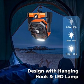 Camping Fan Portable Battery Operated Fan for Tents Hangable Silent Fan with LED Lantern USB Rechargeable 7800mAh for Fishing Camping Bedroom

