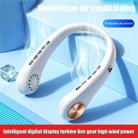 USB LED Digital Display Hanging Neck Fan Portable Summer Air Cooling Bladeless Outdoor Sports Travel Leafless Wearable Neckband Fans
